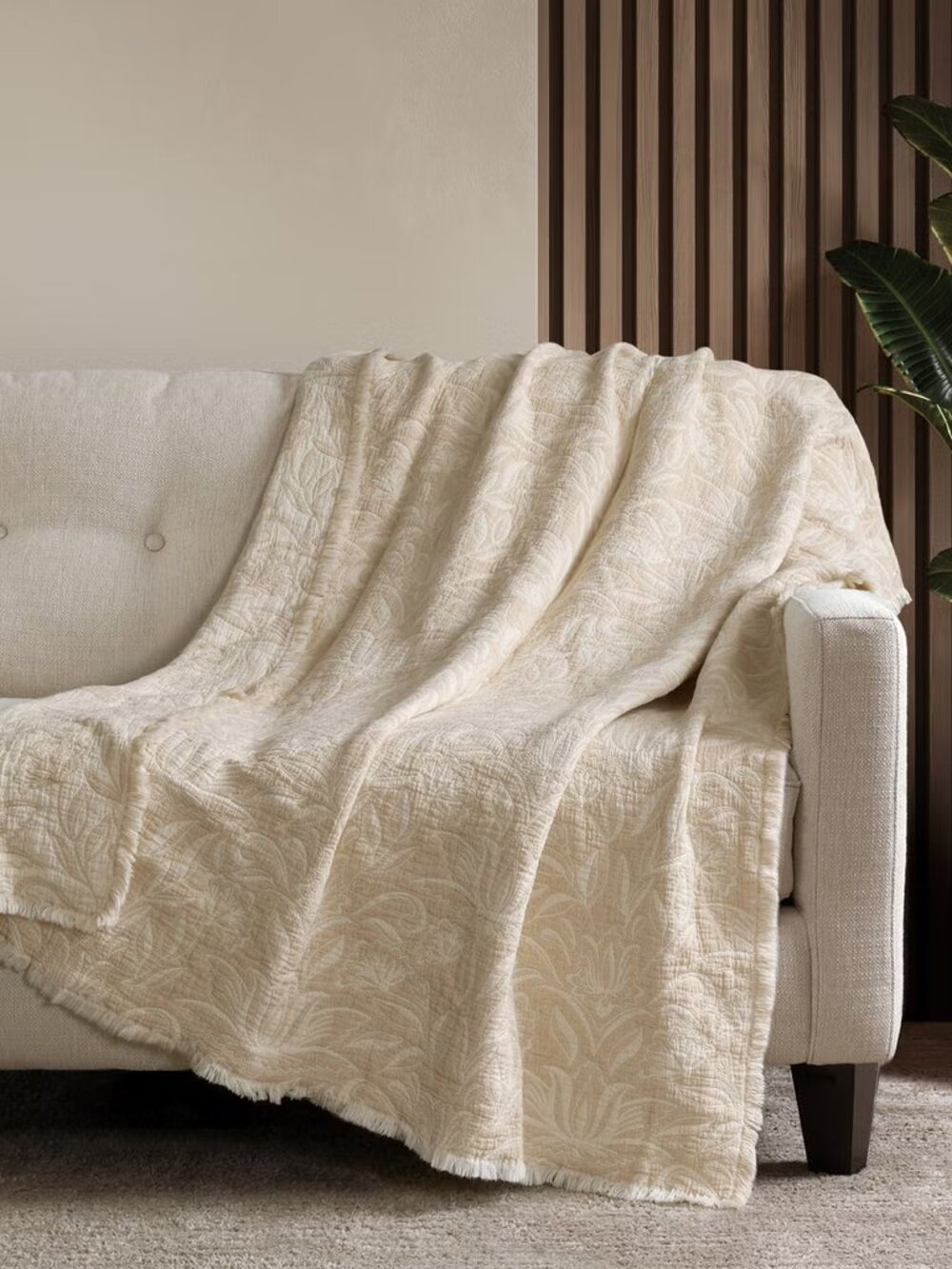 Made in Portugal Reversible 100% Cotton 50" x 70" Fringed Edges Throw Beige NWT